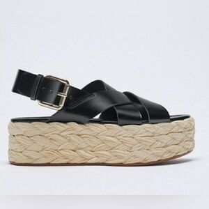 Zara Black Leather Braided Platform Espadrilles Sandals Size 38 US 7.5